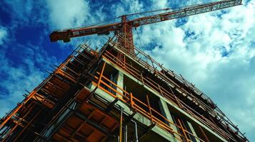 A large construction frame rises towards the sky, supported by scaffolding and a crane actively working overhead photo