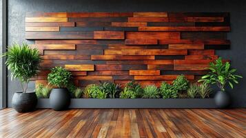 Lush plants flourish in pots against a backdrop of sleek wooden wall panels in a contemporary indoor setting photo