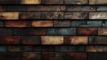 Rustic wooden panels create a warm and textured backdrop with a mix of dark shades and grain patterns photo