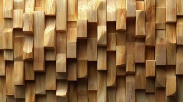The wooden surface showcases unique geometric blocks that create rich texture and warmth in bright natural light photo