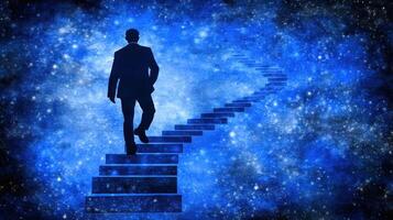 A silhouette of a man walks up illuminated stairs against a backdrop of stars and cosmic colors, symbolizing ascent photo