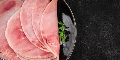 Ham slice pork meat fresh tasty food dish delicious gourmet food background on the table rustic food top view copy space photo