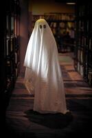 Child dressed as a white ghost in a library room photo