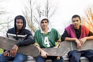 group of young adults sitting on a ramp with skateboard photo
