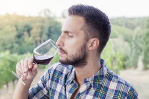 handsome bearded man sniffs glass of wine before drinking photo