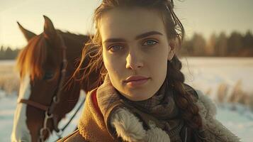 A woman with braids is standing in front of a horse photo