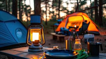 A camp stove, a plate, and a cup are on a table in the woods photo