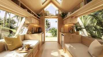 A tiny house with a kitchen, living room and bedroom photo