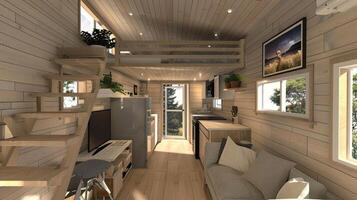 A small cabin with a loft and stairs photo