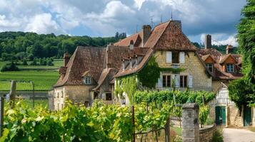 A beautiful old house in the countryside with vines growing on it photo