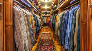 A walk in closet with a rug and a lot of clothes photo
