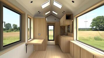 A small house with a kitchen and living room photo