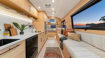 The interior of a tiny home with a kitchen and living room photo