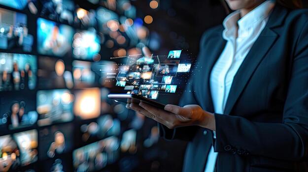 A woman in a business suit holding a cell phone with many images on it photo