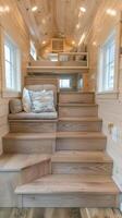 The tiny house is made of wood and has stairs photo