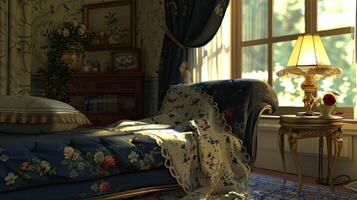 A bed with a floral cover photo