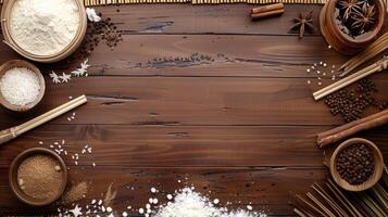 A wooden table with various spices and ingredients photo