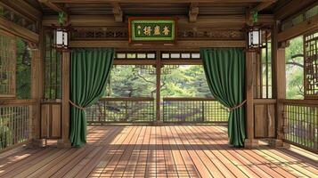 A room with wooden floors and green curtains photo