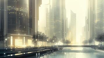 A city street with tall buildings and water photo