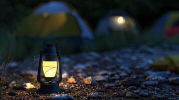 A camp lantern lit up on a rocky ground photo