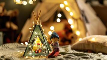 A toy teddy bear sits next to a teepee photo