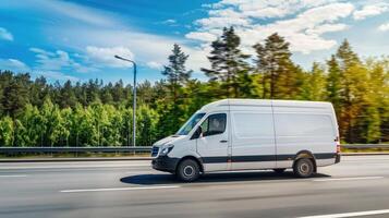 A white van is driving down the road photo