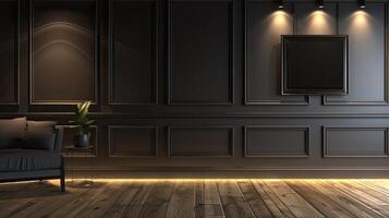 Black wall with wooden floor and chair in a room photo