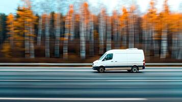 A white van driving on the road in front of trees photo