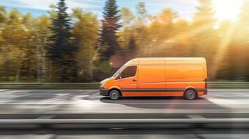 An orange van driving on a highway photo