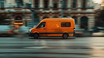 A van is driving down the street photo