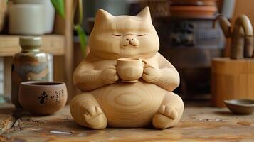 A wooden cat figurine sitting on a table photo