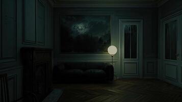 A dark room with a couch and a lamp photo