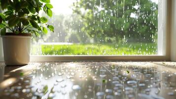 Rain drops on the window sill of a room photo