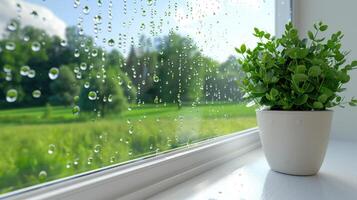 A potted plant sits on a window sill with raindrops on it photo