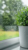 A potted plant sits on a window sill with raindrops on it photo