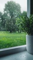 Rainy day with potted plant on window sill photo