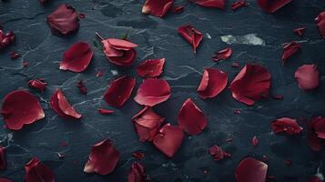 Red rose petals scattered on a dark surface photo