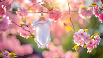 A baby's clothes are hanging on a clothesline photo