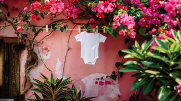 A white baby's outfit hangs on a clothesline in front of a pink wall photo