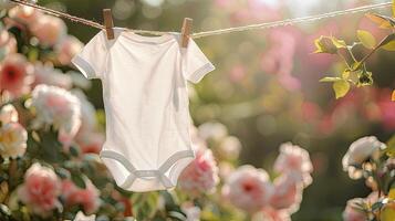 A baby's onesie hanging on a clothesline in front of flowers photo
