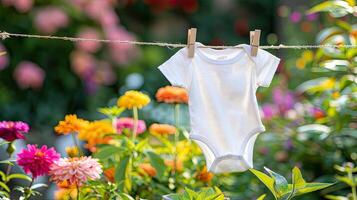 A baby's t - shirt hanging on a clothesline in a garden photo