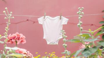 A white baby bodysuit hanging on a clothesline photo