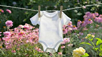 A white baby bodysuit hanging on a clothesline photo