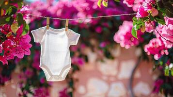 A baby's onesie hanging on a clothesline photo