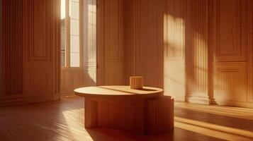 A table in a room with sunlight shining through the windows photo