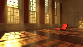 A red chair sitting in a room with windows photo