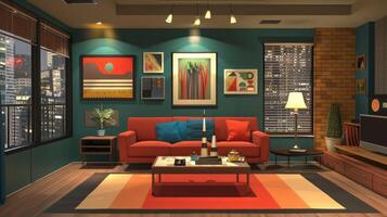 A living room with a red couch and a blue wall photo