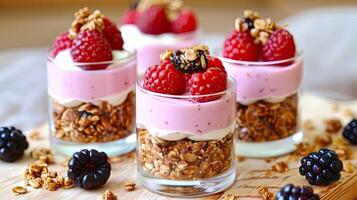 Four small cups with yogurt, berries and granola photo