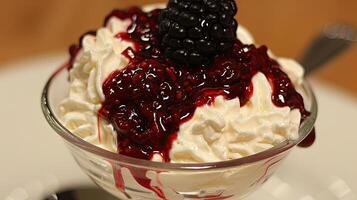 A dessert with whipped cream and blackberries photo