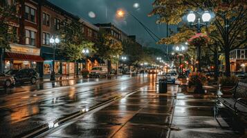 A wet street with a bench and lights photo